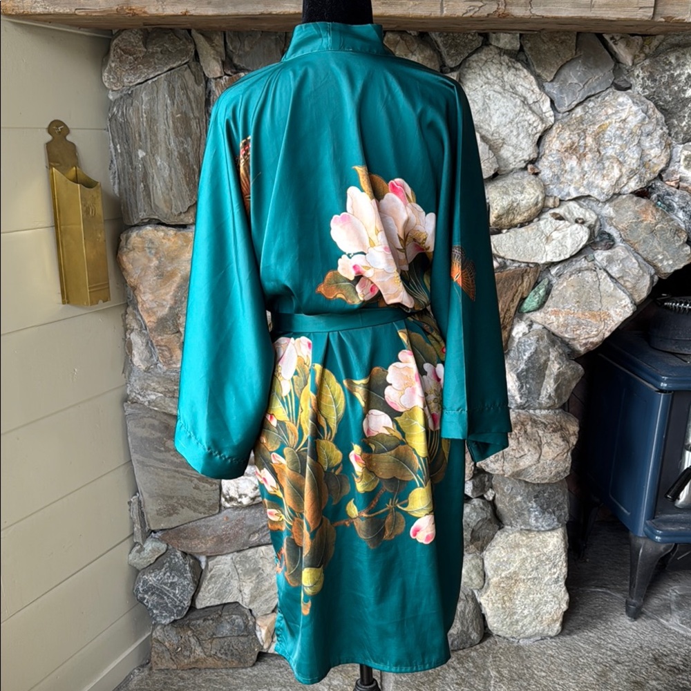 Silk-Feel Teal Floral Kimono Robe - Picture 8 of 16